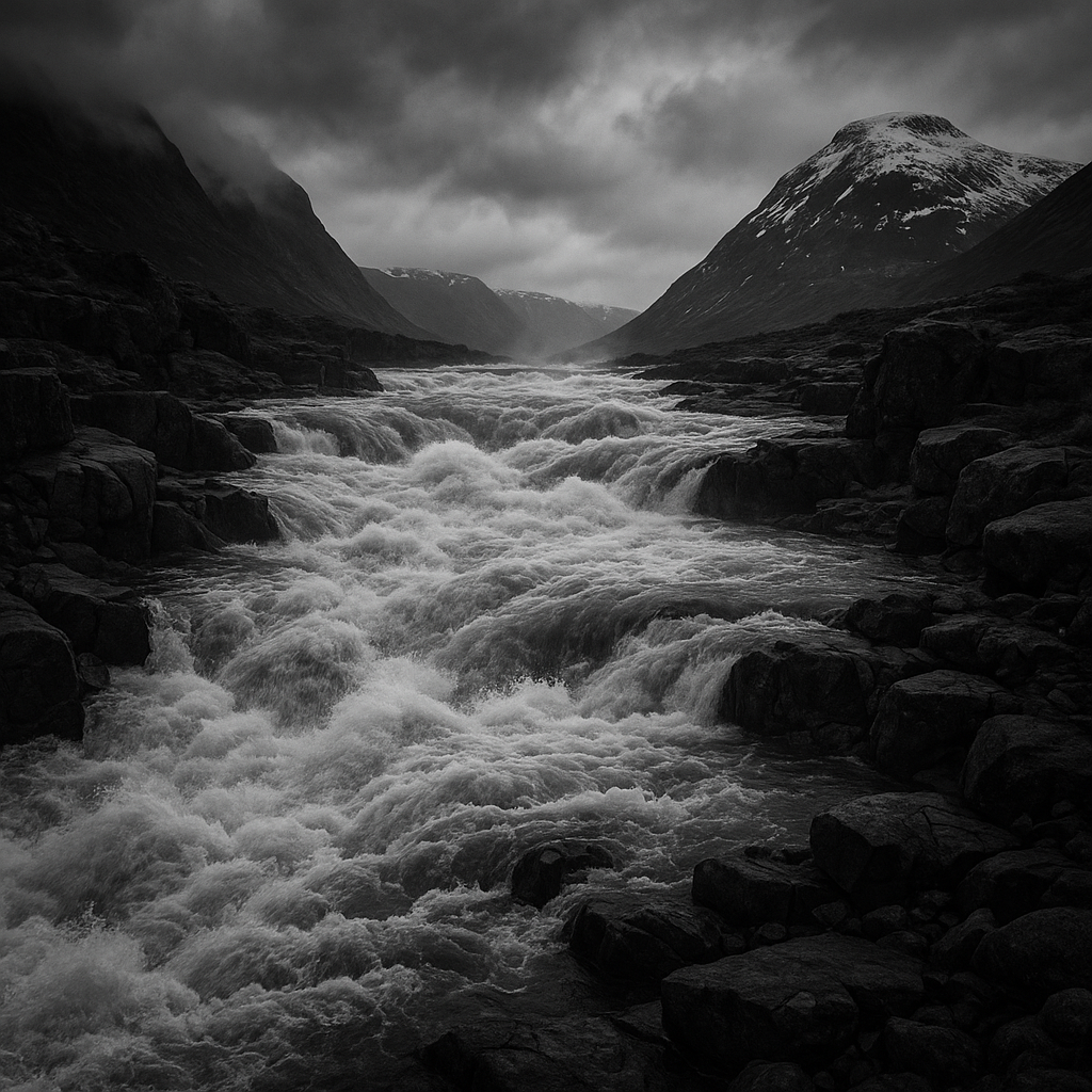 A black and white landscape image of a rushing river flowing through a rocky terrain with mountains in the background under a cloudy sky.