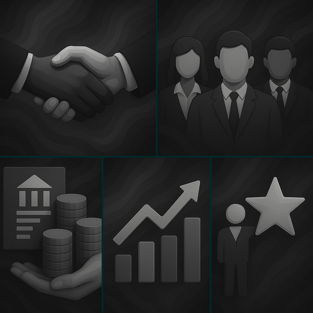 A collage of business-themed icons on a dark background, featuring a handshake, three professionals, a bank building and coins, a growth chart with an upward trend, and a person with a star symbol.