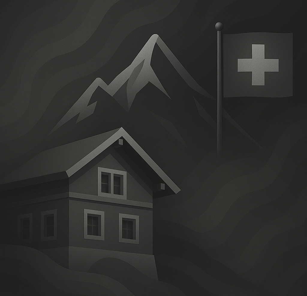 A stylized, dark monochrome illustration featuring a mountain and a Swiss flag next to a wooden chalet.