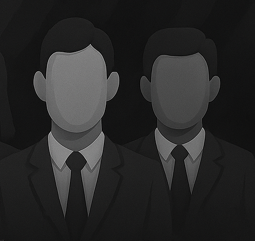Three faceless men in suits standing in front of a dark background.